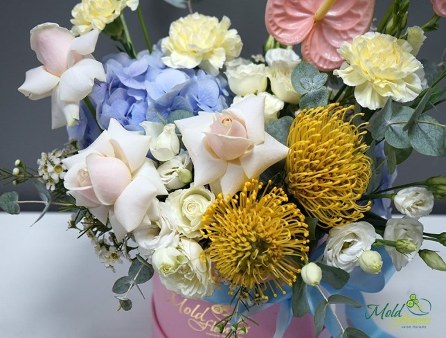 Box with hydrangea, roses, eustoma, and anthurium photo